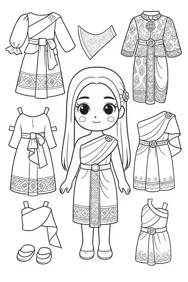 5 Bức tranh tô paper doll tóc bob ngắn, áo hoodie rộng.