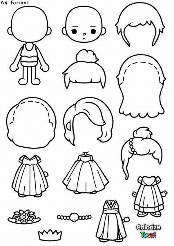 18 Hình tô paper doll đứng bàn học, cạnh hộp bút màu.