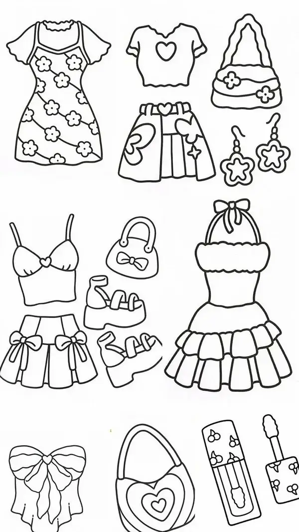 7 Tờ giấy tô paper doll đeo tai nghe, váy jean ngắn.