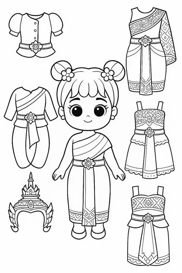 9 Hình tô màu búp bê giấy váy đỏ, tóc uốn cao.