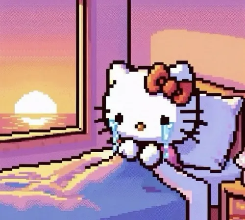 Mèo Hello Kitty buồn khẽ cúi đầu để đôi mắt long lanh trôi lệ.