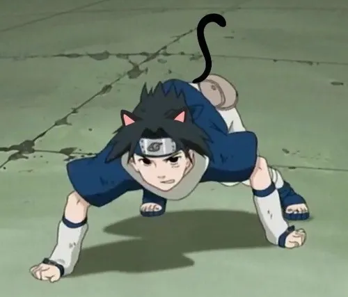 Meme chế thiếu niên Uchiha nghiêng đầu nhìn Kakashi đầy phản kháng.