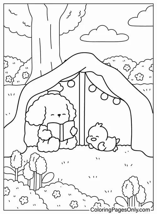 52 Tranh tô cún chibi mắt bi ve ngồi cạnh thảm cỏ