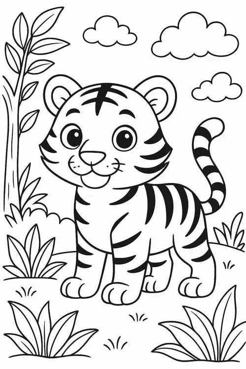 16 Bức tranh tô chú hổ đang nô đùa trong cỏ xanh cho bé 3 tuổi