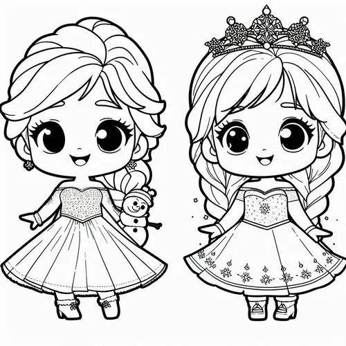Mẫu tranh tô màu Anna và Elsa chibi phù hợp trẻ mầm non