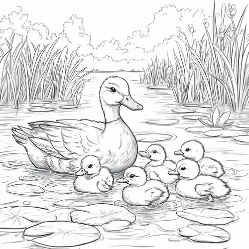 3 Tranh tô màu con vịt vàng đứng bên ao nước dễ thương