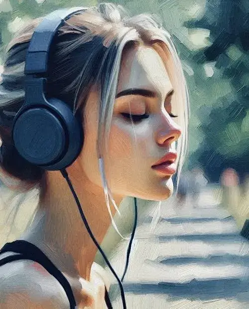 Ảnh hiển thị cô gái đắm nhạc giữa tĩnh lặng và biểu cảm quyết định vibe tổng thể.