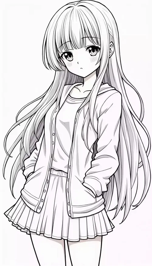 Tranh tô màu anime đáng yêu tóc ngắn cài nơ cho trẻ 6 tuổi