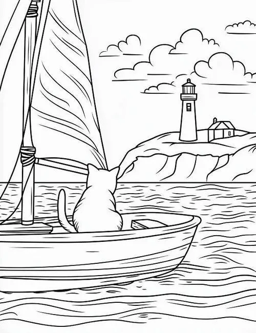 Trang tô màu thuyền buồm với mây trời và nắng