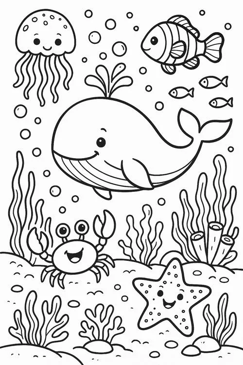 Tranh tô màu con cá bơi lội trong làn nước đại dương