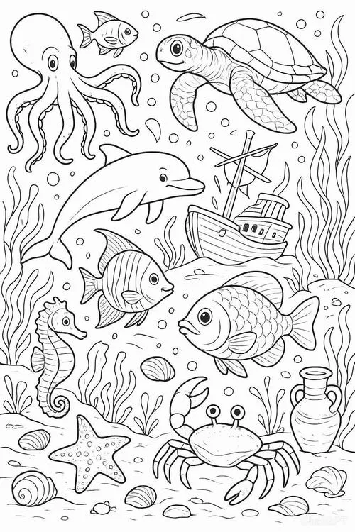 Trang học tô màu con cá bơi lội trong đại dương