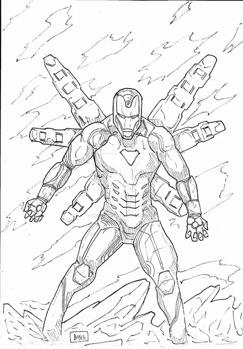 11 Hình vẽ tranh tô màu Iron Man tay giơ repulsor tỏa sáng rực.