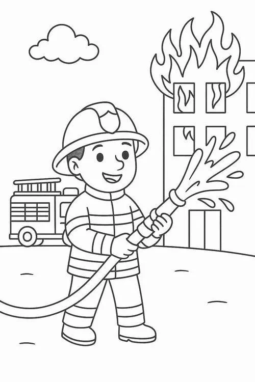 Bức tranh tô xe cứu hỏa dập tắt đám cháy cho bé 3 tuổi