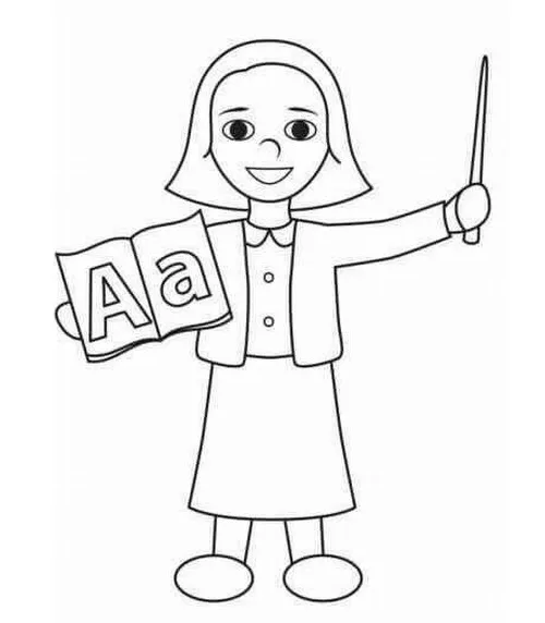 35 Trang tập tô cô giáo đứng cạnh kệ sách nhiều màu