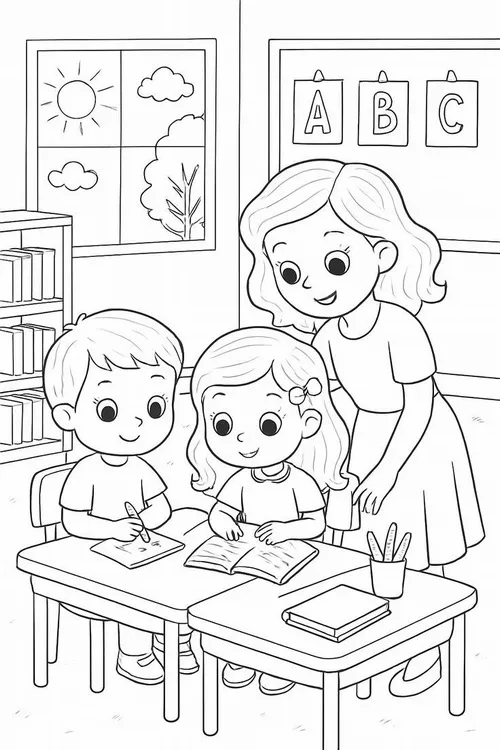 3 Tranh tô màu hoạt động góc với cô giáo tóc gọn gàng và bé chăm ngoan