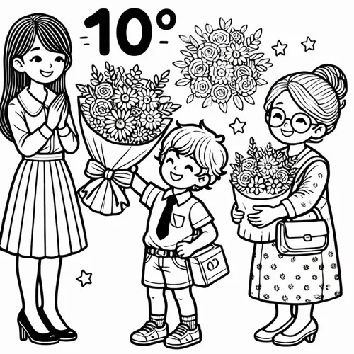 2 Hình tô màu cô giáo áo dài đang nhận thiệp bé