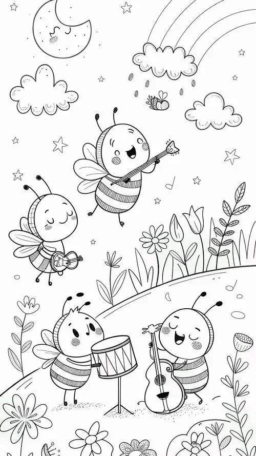 Trang học tô màu ong bay quanh hoa lấy mật ngọt