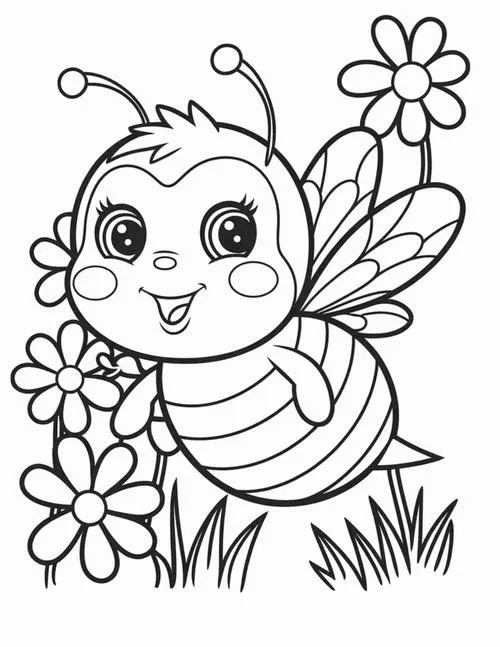 Tranh bé tập tô ong xinh cầm hoa cười dễ thương