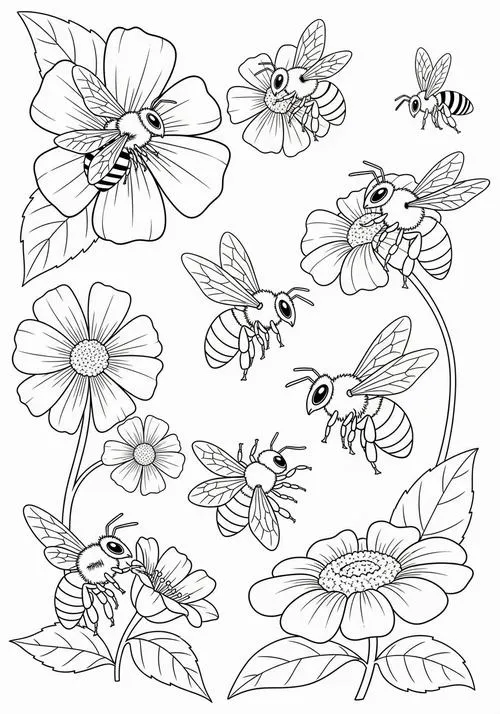 Tranh tô màu con ong và vườn hoa rực rỡ cho bé sáng tạo