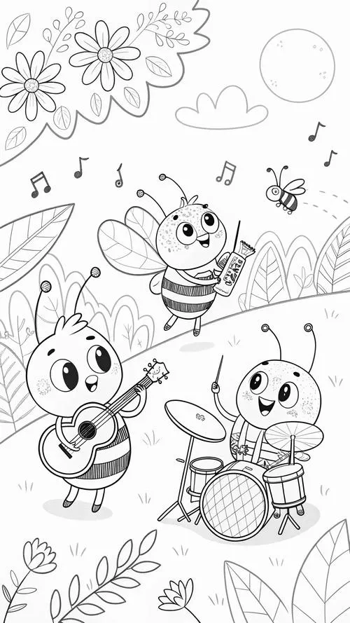 Tranh tô màu con ong chăm chỉ bay quanh bông hoa vườn xuân