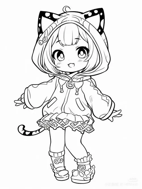 Trang tô màu anime chibi bé nhỏ đội tai mèo đáng yêu