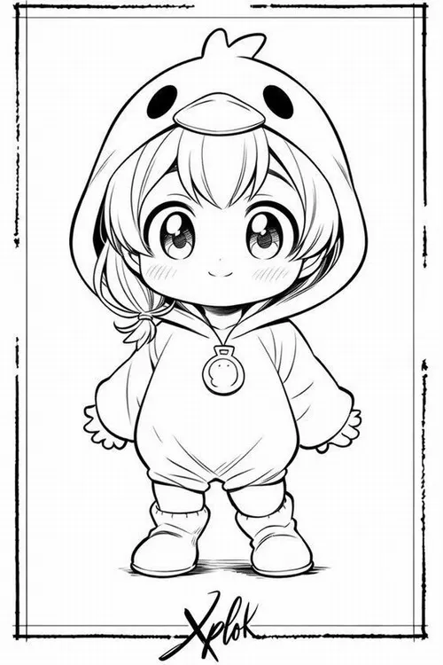 Bức tranh tô anime dễ thương mái tóc đôi thắt nơ cho trẻ 6 tuổi