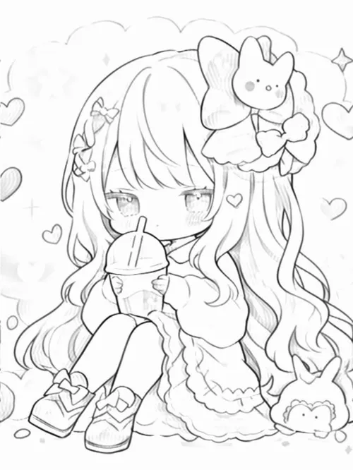 Hình tô màu anime chibi đáng yêu với mái tóc pastel mềm