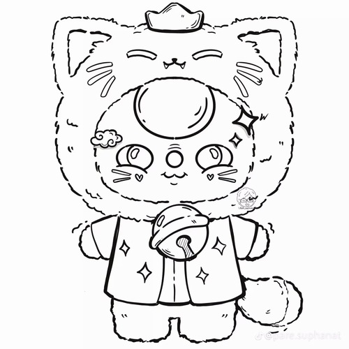 1 8 Tranh tập tô màu Baby Three mèo thần tài với đồng tiền vàng lớn dễ tô cho bé