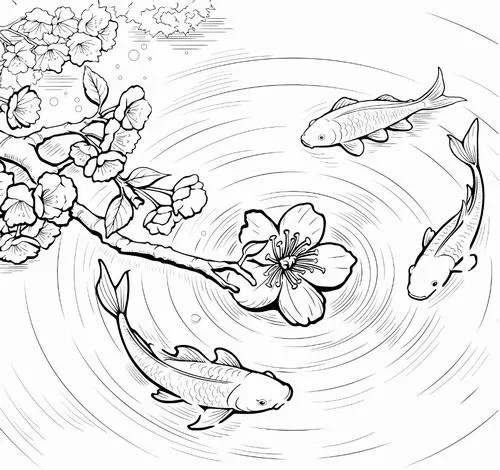 Bộ tranh tô màu cá chép bơi nước dễ thương