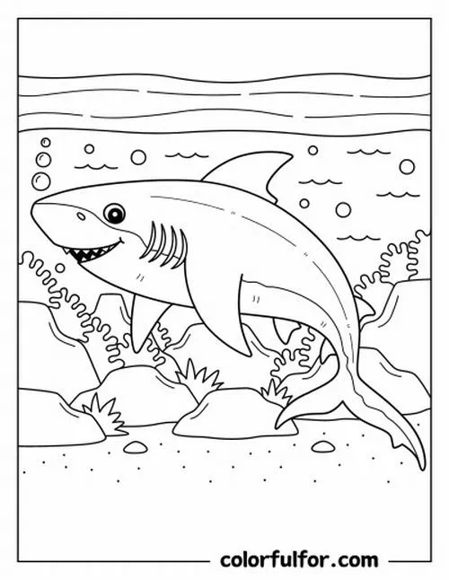 Hình vẽ tranh tô màu cá mập bơi quanh rạn san hô