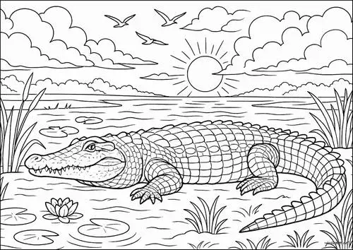 Hoạt động tô màu cá sấu đáng yêu nụ cười rộng hàm răng đều sáng tạo