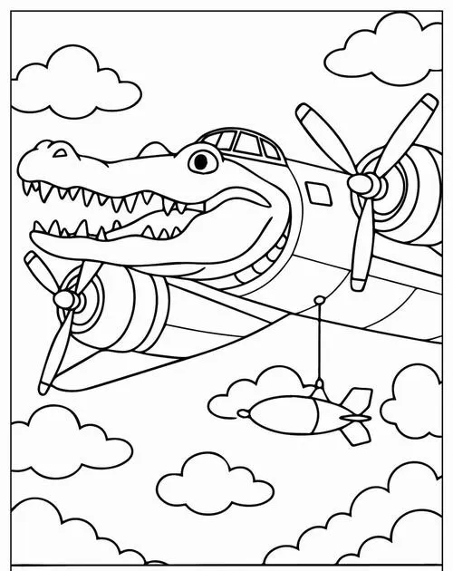 Trang tô màu cá sấu máy bay hoạt hình màu xanh da vảy thân dài