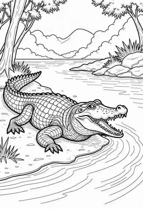 Hình tô màu cá sấu đáng yêu đội mũ đeo balo cho bé 3 tuổi