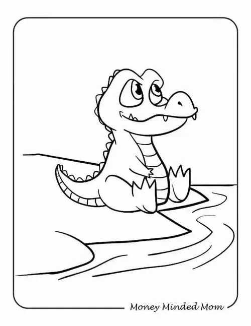 Mẫu tranh tô màu cá sấu con da vảy màu xanh hiền hòa cho trẻ