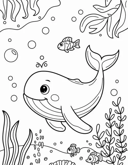 11 Trang tô màu cá voi con dễ thương bơi cùng cá nhỏ