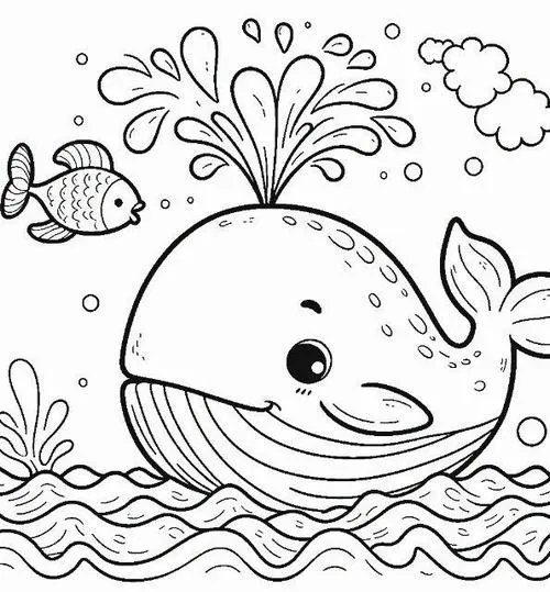 4 Tranh bé tập tô cá voi xanh phun nước trên đầu