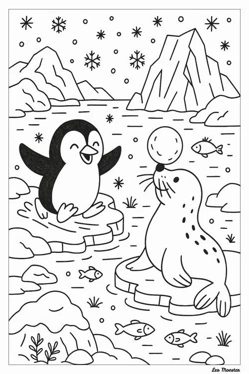 Hình tô màu chim cánh cụt bạn bè tụ tập cho bé 3 tuổi