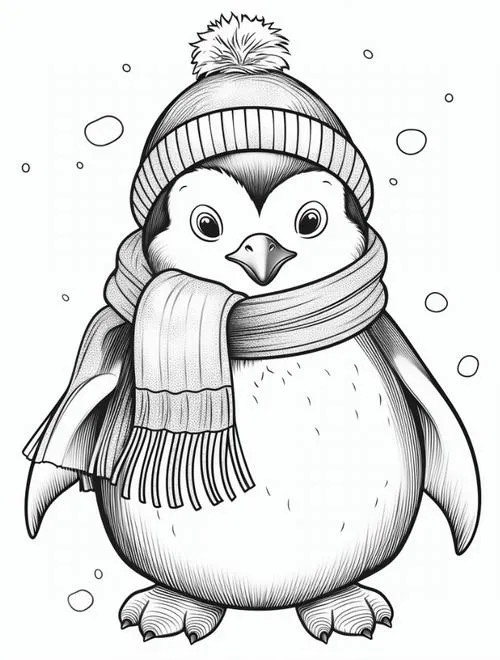 Tranh bé tập tô chim cánh cụt gia đình bên biển xanh