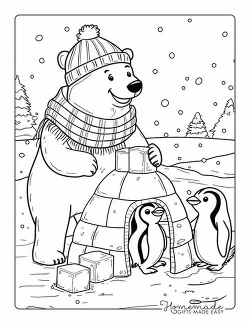 Tranh tô màu chim cánh cụt mẹ ôm con giữ ấm mùa lạnh