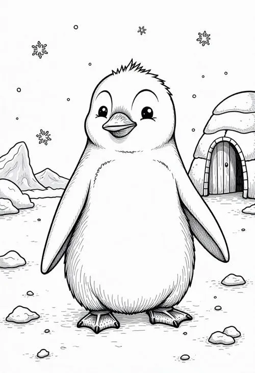 Tờ giấy tô màu chim cánh cụt chibi mỏ nhỏ cánh ngắn