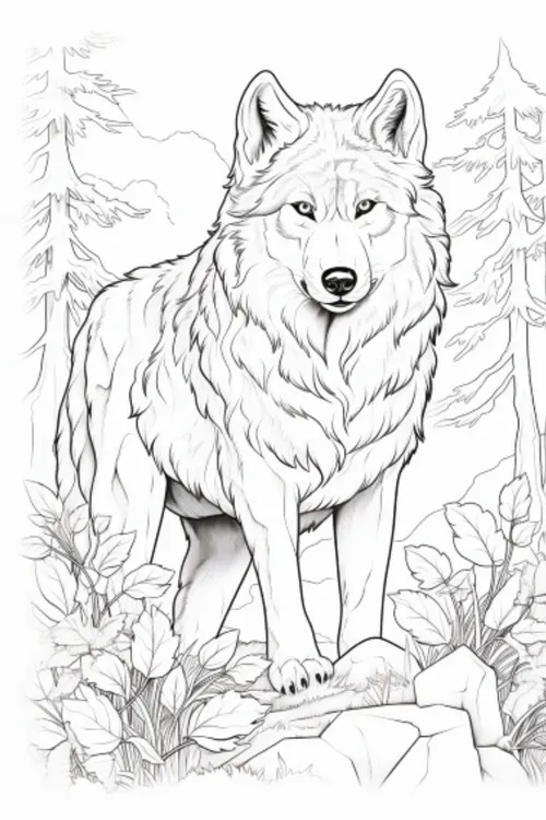 Mẫu tô màu sói con dễ thương giữa rừng sương mai