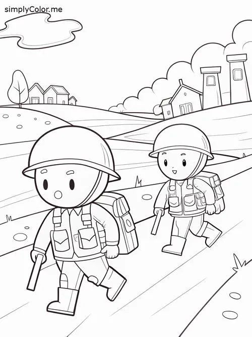 Hình tô màu anh bộ đội hành quân trên đường với ba lô đơn giản