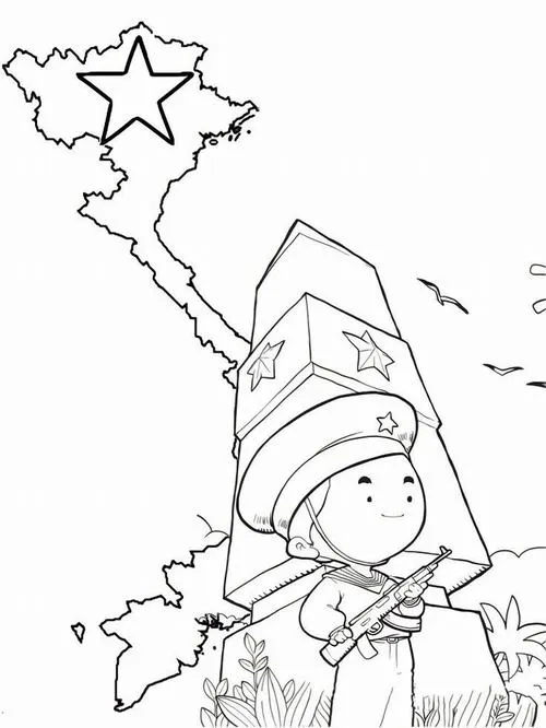 Tranh tô màu chú bộ đội Việt Nam dáng đứng đơn giản bé tô rất dễ