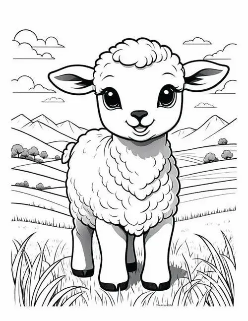 Tải tranh tập tô con cừu trên đồng cỏ xanh màu sắc dịu nhẹ