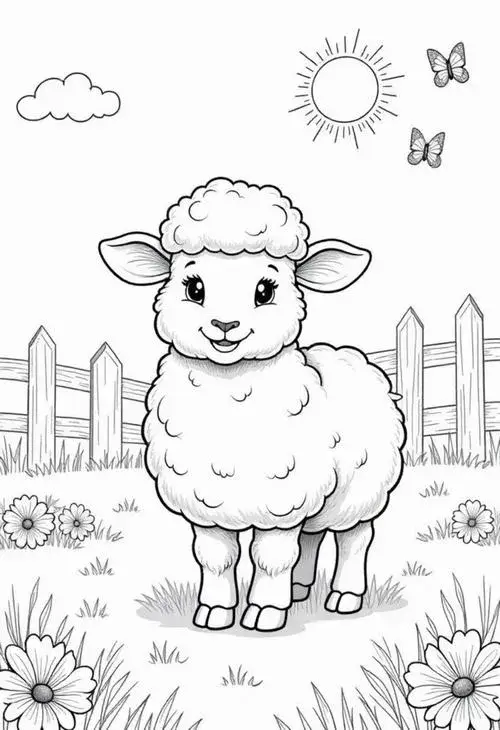 Trang học tô màu cừu nhỏ thân tròn mềm hình nét đơn giản