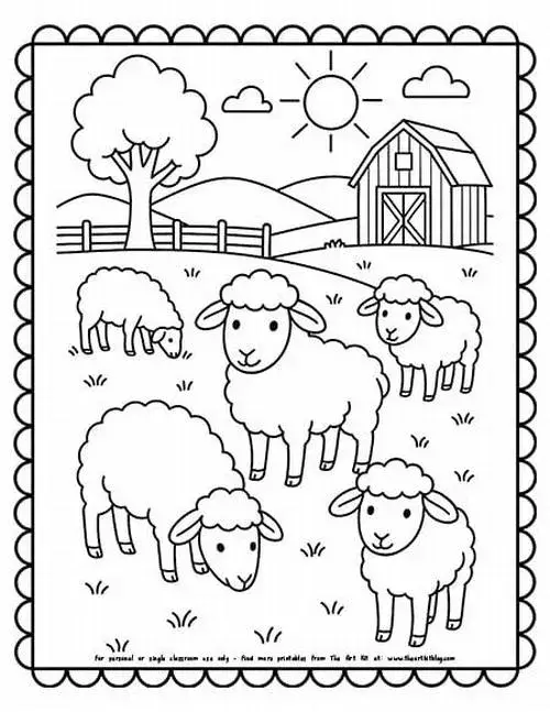 Tranh bé tập tô cừu con chơi cùng bạn bè động vật trong nông trại
