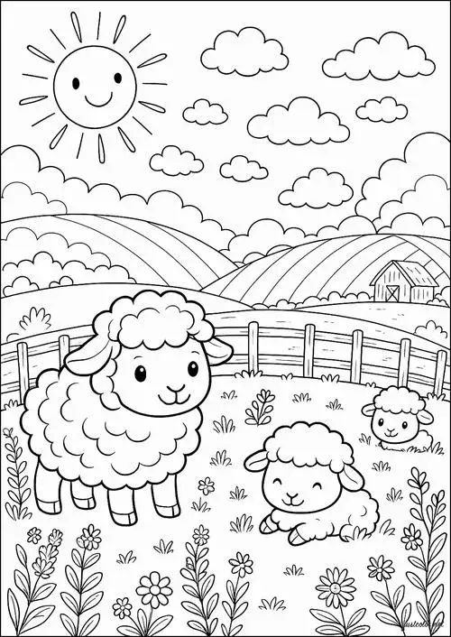 Hình vẽ tranh tô màu con cừu bông xù hiền lành dễ tô