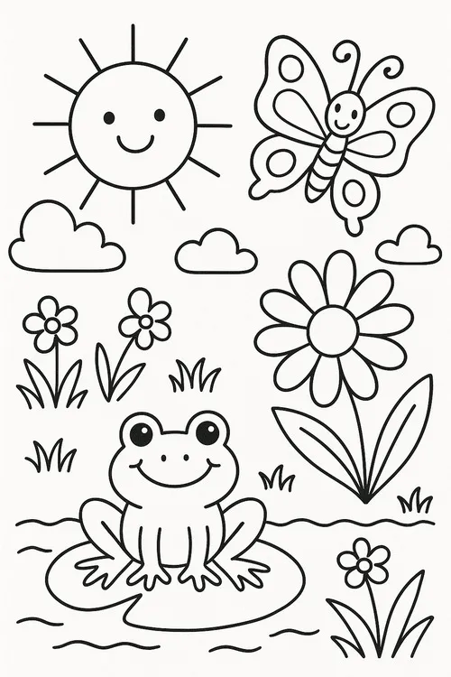 16 Trang tô màu con ếch đang nhảy boing boing qua ao