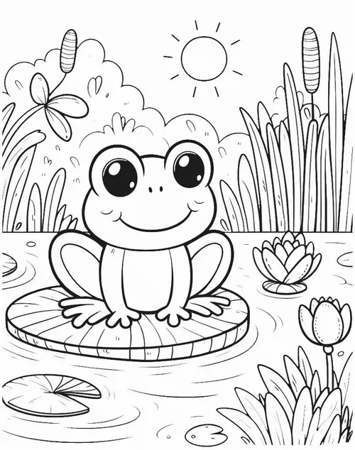 11 Hình vẽ tranh tô màu frog vui nhộn bên hoa sen