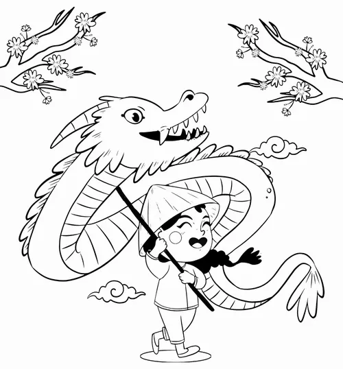 Hình vẽ tranh tô màu lân truyền thống cùng ông địa cho bé 5 tuổi